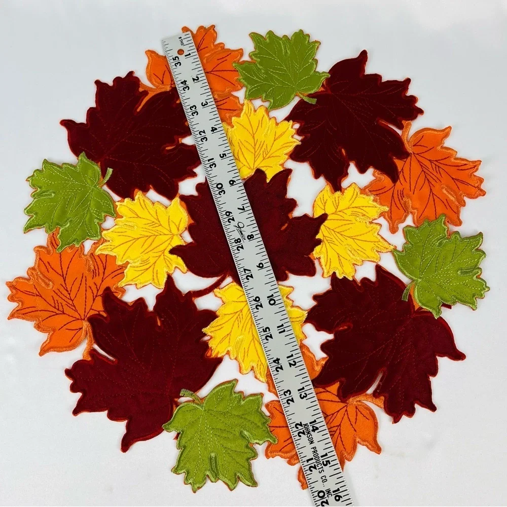 Trio of Placements/Chargers (3) Round Leaf Orange Burgundy Yellow Green Fabric